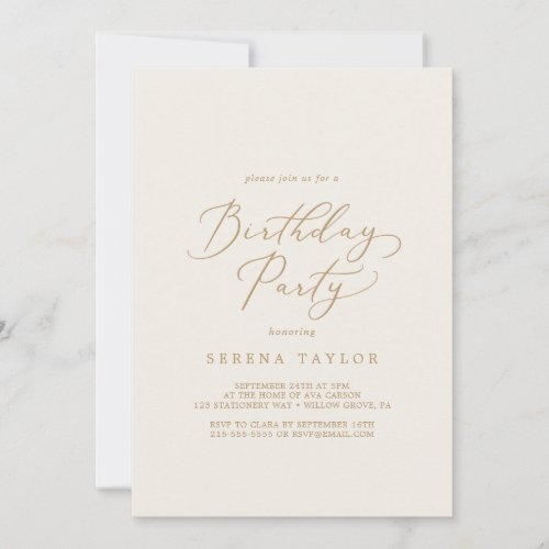 Delicate Gold Calligraphy  Cream Birthday Party Invitation