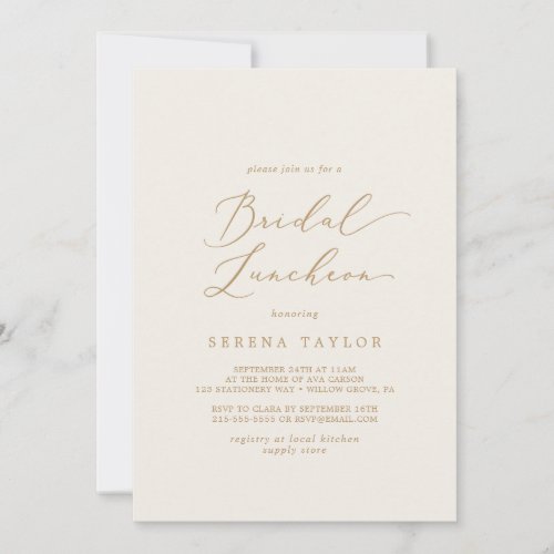 Delicate Gold Calligraphy  Cream Bridal Luncheon Invitation
