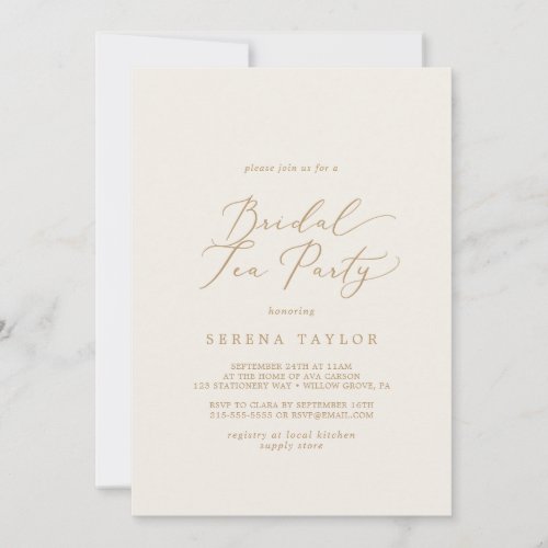 Delicate Gold Calligraphy  Cream Bridal Tea Party Invitation