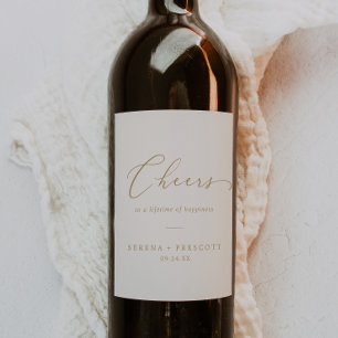 Delicate Gold Calligraphy Cream Cheers Wedding Wine Label