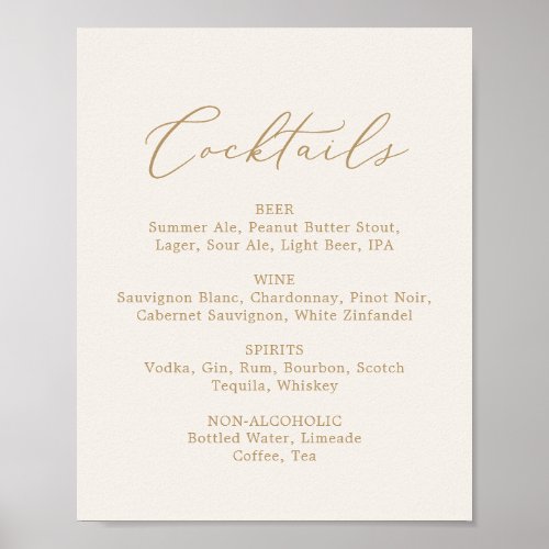 Delicate Gold Calligraphy Cream Cocktails Menu Poster