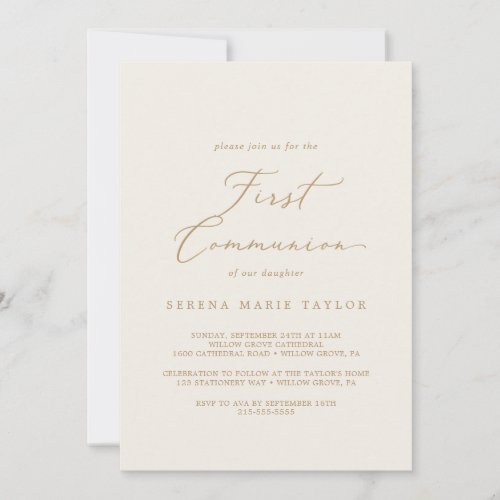 Delicate Gold Calligraphy  Cream First Communion Invitation
