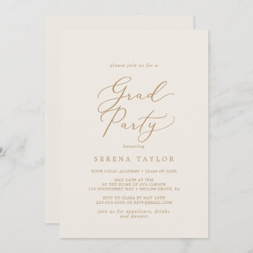Delicate Gold Calligraphy  Cream Grad Party Invitation