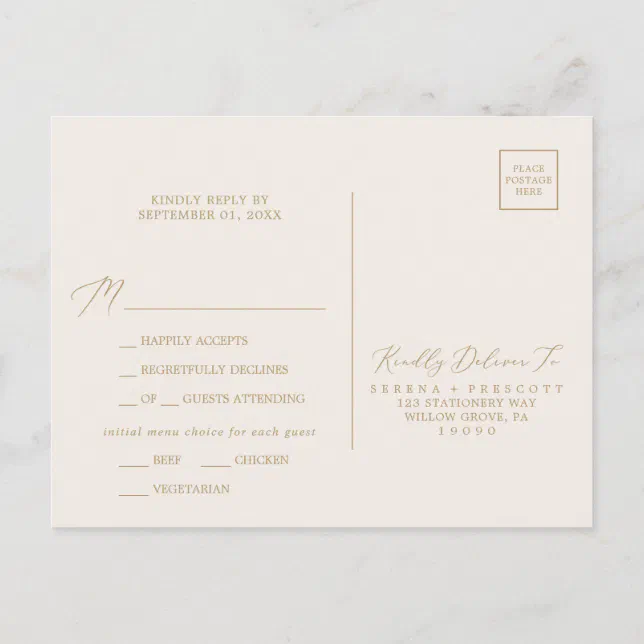 Delicate Gold Calligraphy Cream Menu Rsvp Postcard Zazzle