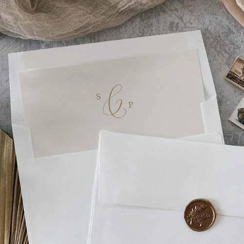 Delicate Gold Calligraphy | Cream Monogram Wedding Envelope Liner