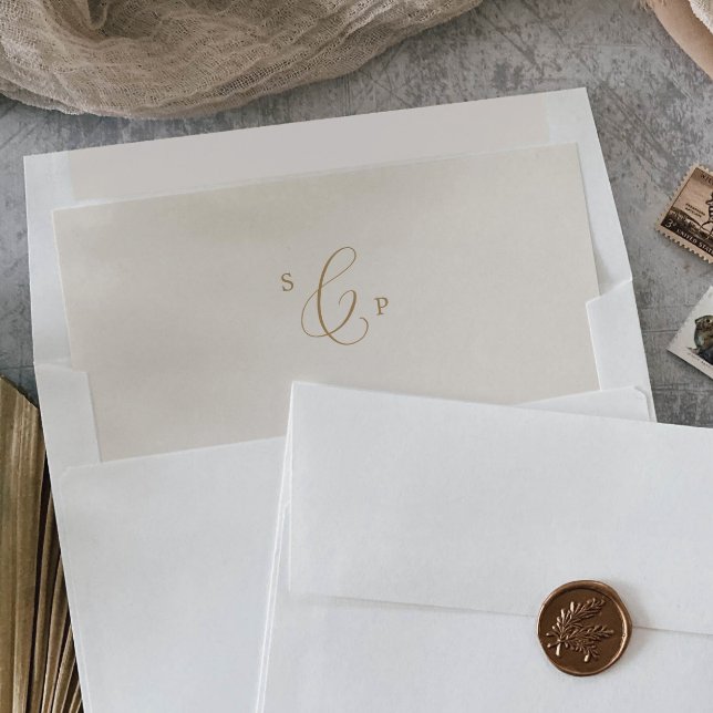 Delicate Gold Calligraphy | Cream Monogram Wedding Envelope Liner (Creator Uploaded)