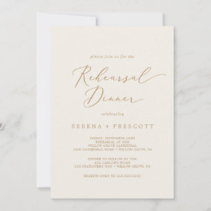 Delicate Gold Calligraphy Cream Rehearsal Dinner Invitation