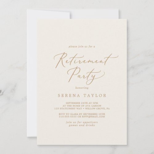 Delicate Gold Calligraphy  Cream Retirement Party Invitation