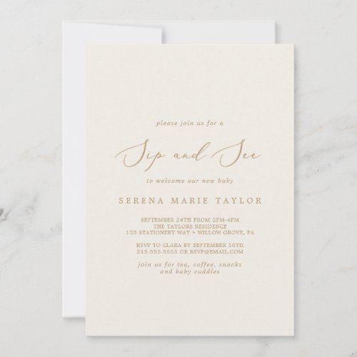Delicate Gold Calligraphy  Cream Sip and See Invitation