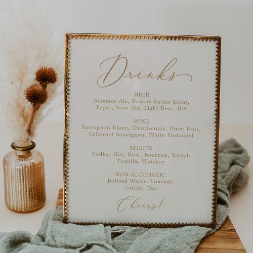 Delicate Gold Calligraphy Cream Wedding Drink Menu Poster