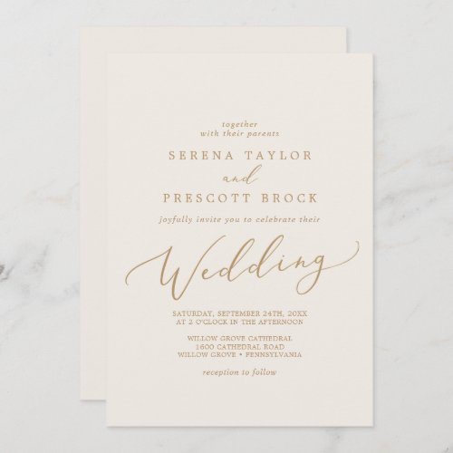 Delicate Gold Calligraphy  Cream Wedding Invitation