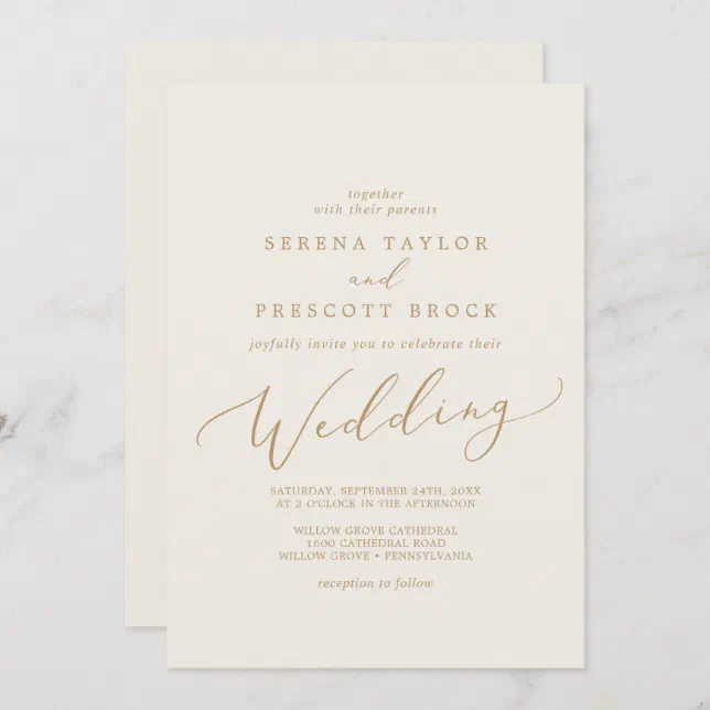 Delicate Gold Calligraphy | Cream Wedding Invitation | Zazzle