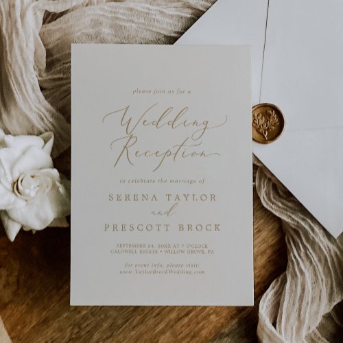 Delicate Gold Calligraphy Cream Wedding Reception Invitation