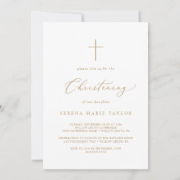 Delicate Gold Calligraphy Cross Christening Invitation | Zazzle