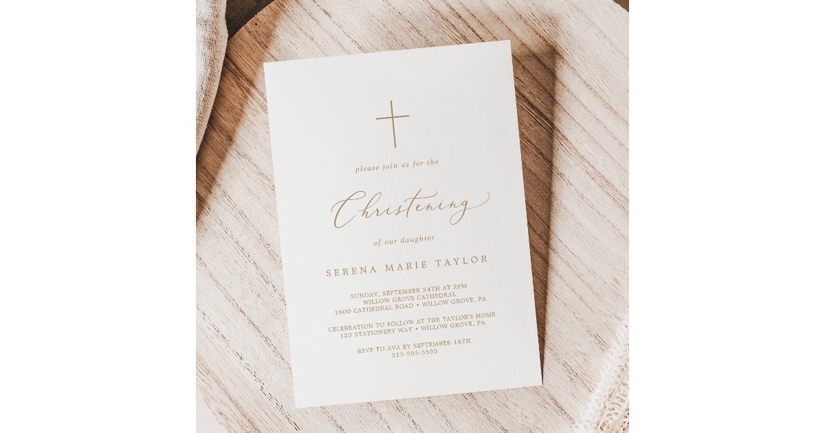 Delicate Gold Calligraphy Cross Christening Invitation | Zazzle