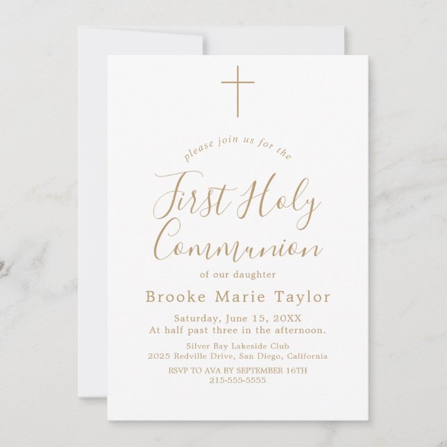 Delicate Gold Calligraphy First Holy Communion  Invitation (Front)