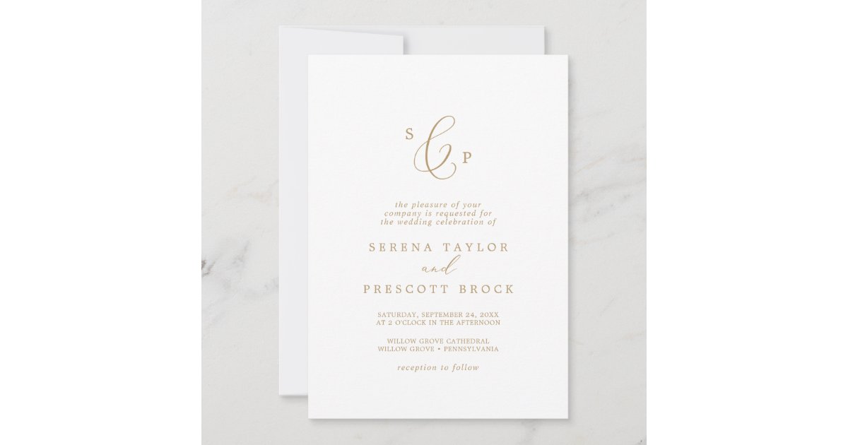 Delicate Gold Calligraphy Formal Monogram Wedding Invitation