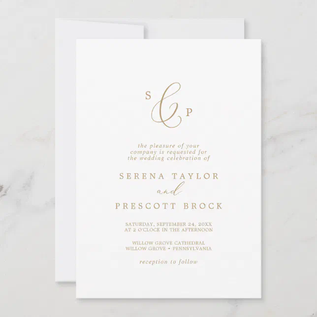 Delicate Gold Calligraphy Formal Monogram Wedding Invitation