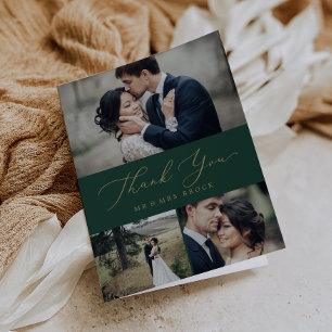 Delicate Gold Calligraphy   Green 3 Photo Collage Letterpress Thank You Card