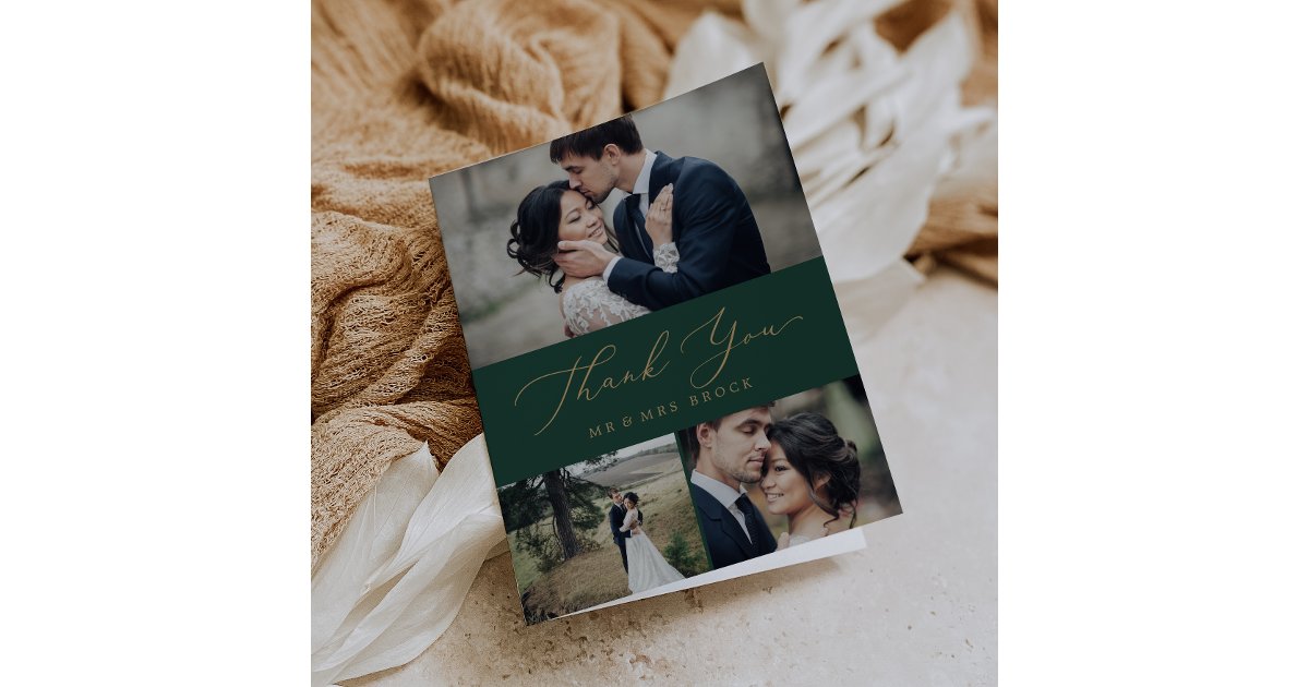 Delicate Gold Calligraphy | Green 3 Photo Collage Thank You Card | Zazzle