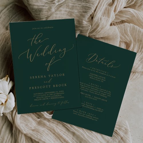 Delicate Gold Calligraphy Green All In One Wedding Invitation