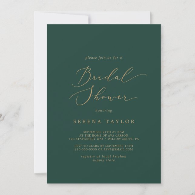 Delicate Gold Calligraphy | Green Bridal Shower Invitation (Front)