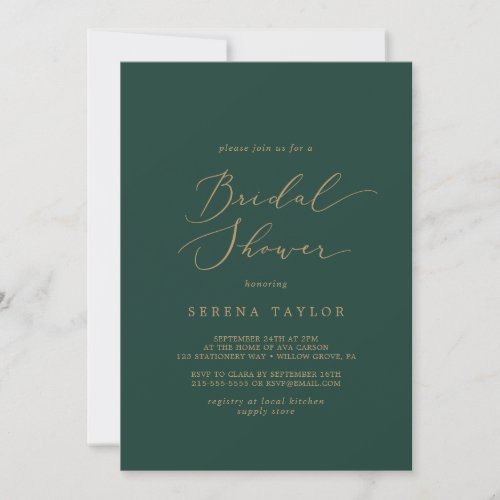 Delicate Gold Calligraphy  Green Bridal Shower Invitation