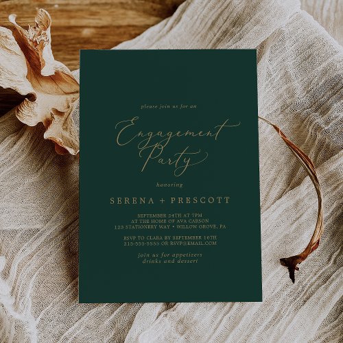 Delicate Gold Calligraphy  Green Engagement Party Invitation