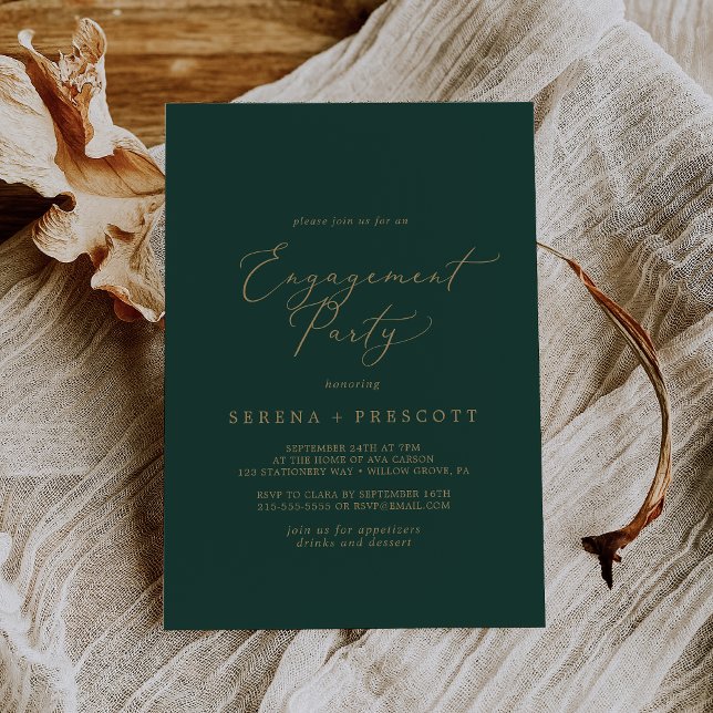 Delicate Gold Calligraphy | Green Engagement Party Invitation (Creator Uploaded)