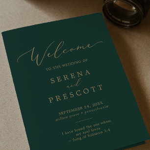 Delicate Gold Calligraphy   Green Folded Wedding Program