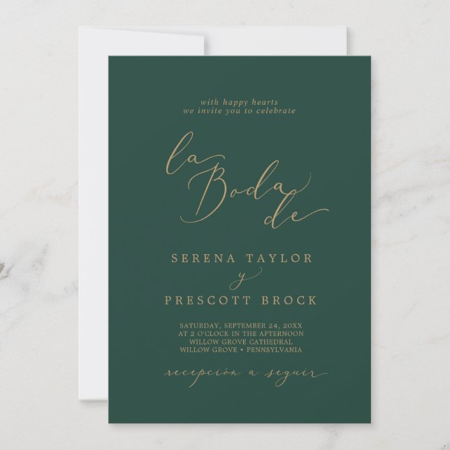 Delicate Gold Calligraphy Green La Boda De Wedding Invitation (Front)