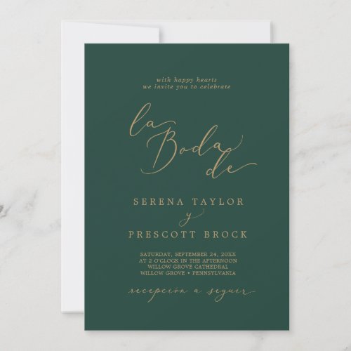 Delicate Gold Calligraphy Green La Boda De Wedding Invitation