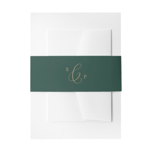 Delicate Gold Calligraphy  Green Monogram Wedding Invitation Belly Band
