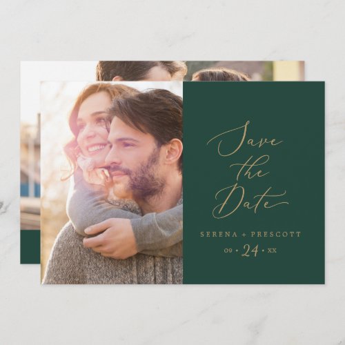 Delicate Gold Calligraphy  Green Photo Save The Date