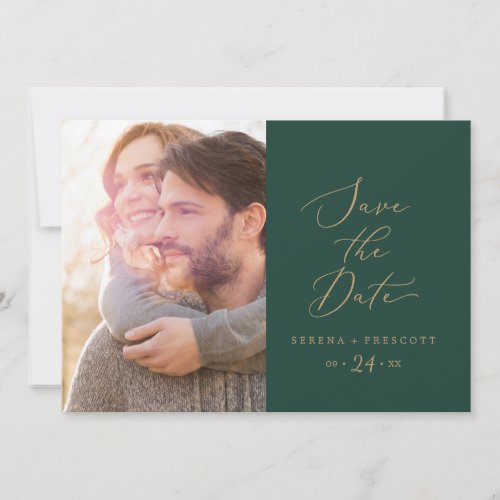 Delicate Gold Calligraphy  Green Photo Save The Date