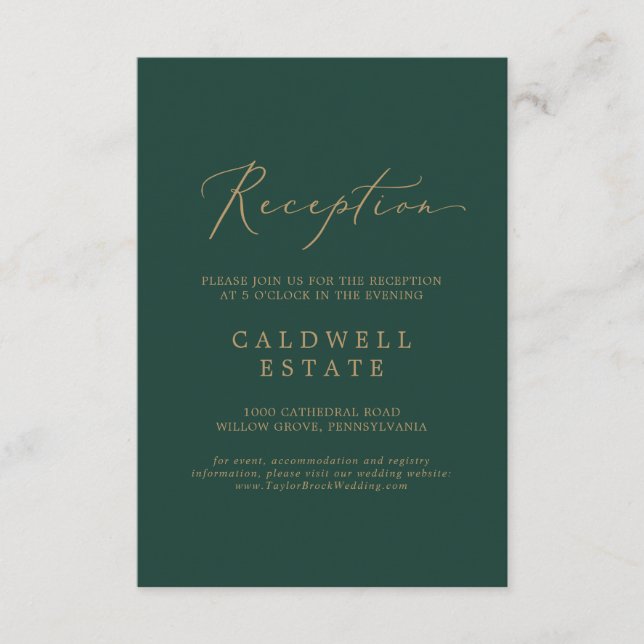 Delicate Gold Calligraphy | Green Reception Enclosure Card (Front)