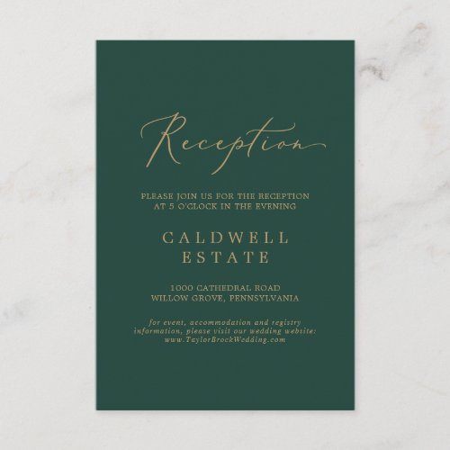 Delicate Gold Calligraphy  Green Reception Enclosure Card
