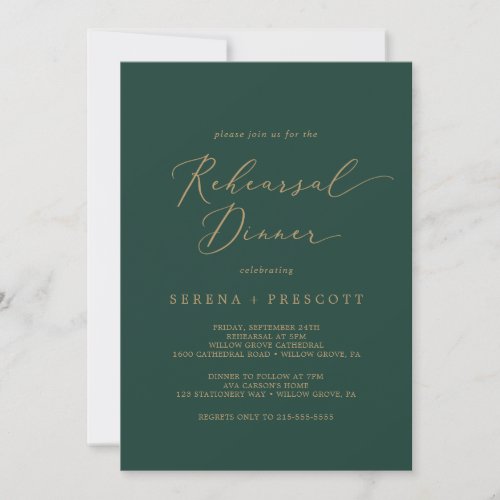 Delicate Gold Calligraphy  Green Rehearsal Dinner Invitation