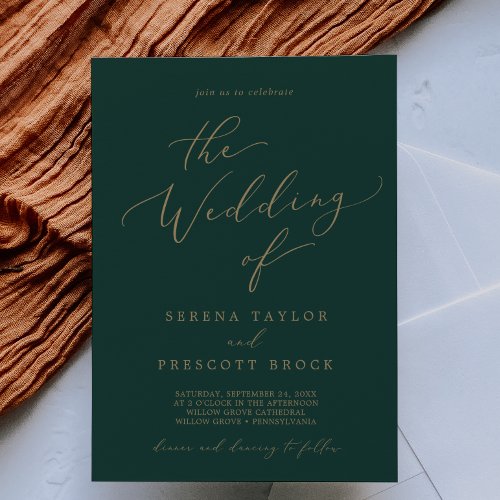Delicate Gold Calligraphy  Green The Wedding Of Invitation