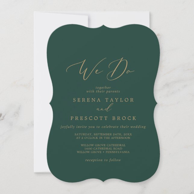Delicate Gold Calligraphy | Green We Do Wedding Invitation (Front)