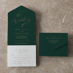 Delicate Gold Calligraphy   Green Wedding All In One Invitation