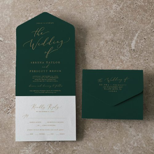 Delicate Gold Calligraphy  Green Wedding All In One Invitation