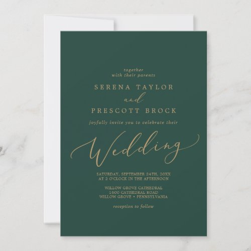 Delicate Gold Calligraphy  Green Wedding Invitation