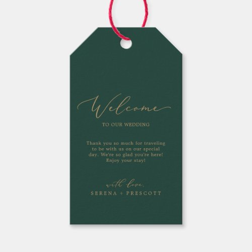 Delicate Gold Calligraphy  Green Wedding Welcome Gift Tags