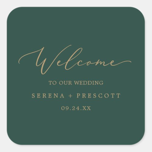 Delicate Gold Calligraphy  Green Wedding Welcome Square Sticker