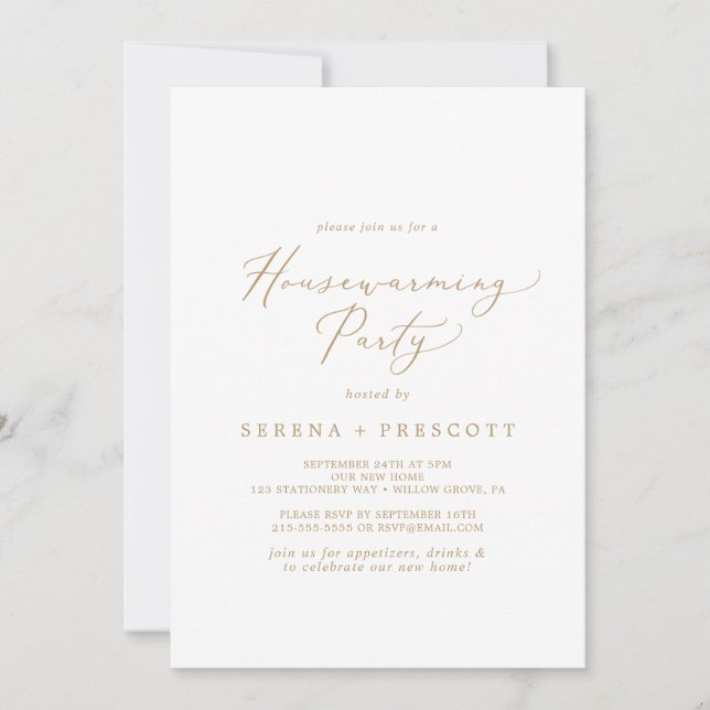 Delicate Gold Calligraphy Housewarming Party Invitation (Front)