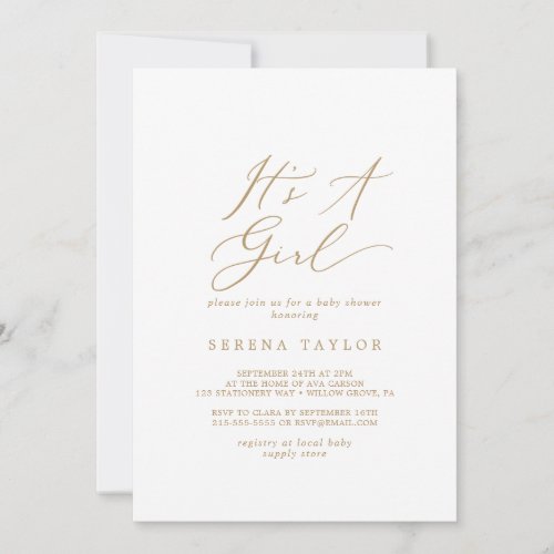 Delicate Gold Calligraphy Its A Girl Baby Shower Invitation
