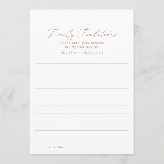 Delicate Gold Calligraphy Lined Family Traditions Advice Card (Front)