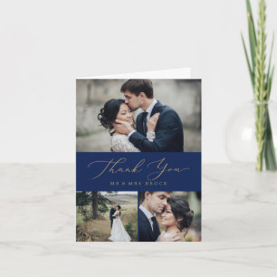 Delicate Gold Calligraphy   Navy 3 Photo Collage Letterpress Thank You Card