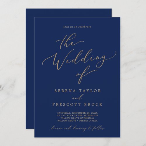 Delicate Gold Calligraphy Navy All In One Wedding Invitation